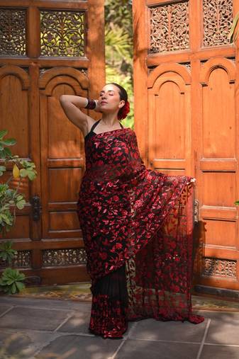 Black georgette sequins embroidered saree with blouse