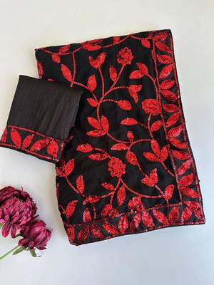Black georgette sequins embroidered saree with blouse 2