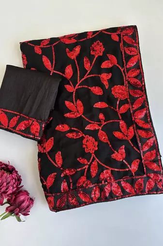 Black georgette sequins embroidered saree with blouse