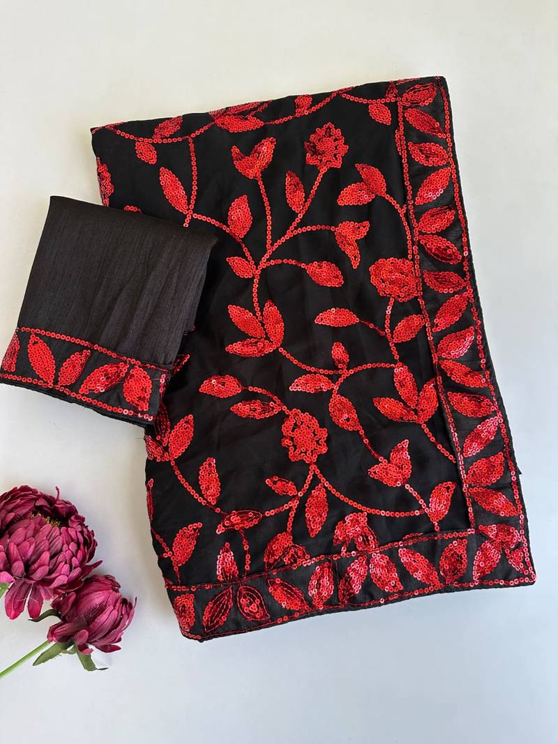 Black georgette sequins embroidered saree with blouse