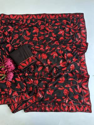 Black georgette sequins embroidered saree with blouse 3