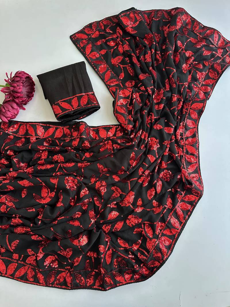 Black georgette sequins embroidered saree with blouse