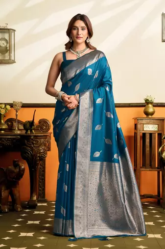 Blue premium soft silkblend saree with tassels & blouse piece