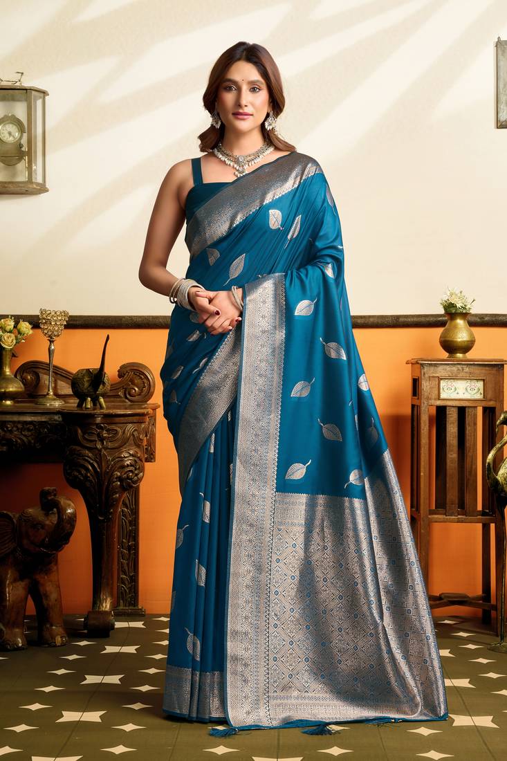 Blue premium soft silkblend saree with tassels & blouse piece