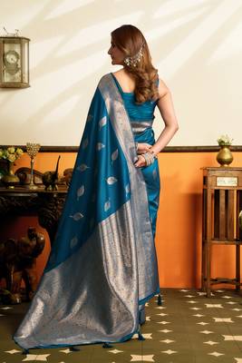Blue premium soft silkblend saree with tassels & blouse piece 2