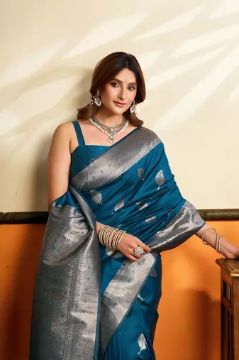 Blue premium soft silkblend saree with tassels & blouse piece