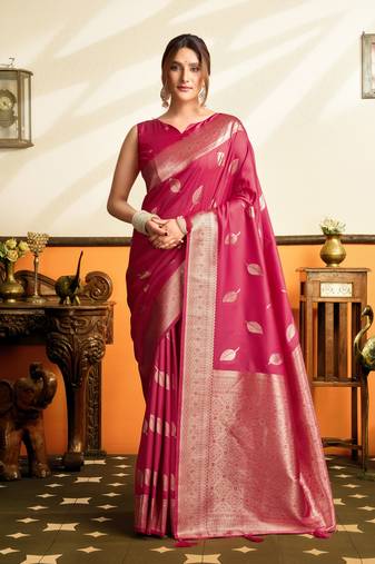 Rani pink premium soft silkblend saree with tassels & blouse piece