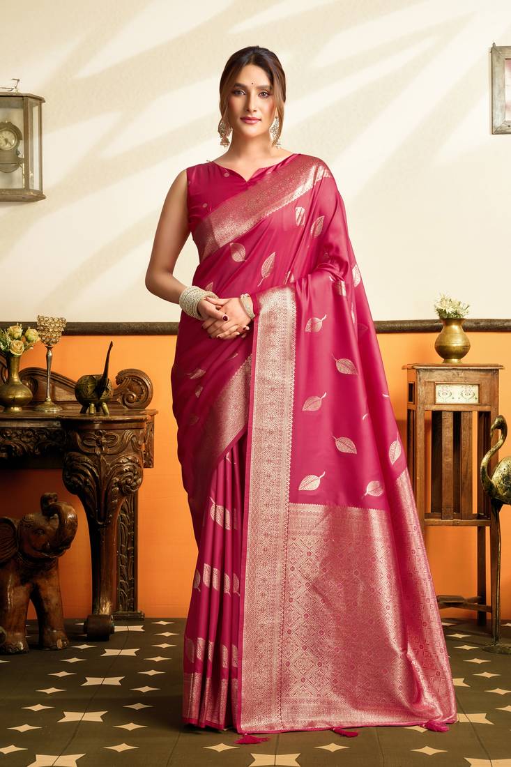 Rani pink premium soft silkblend saree with tassels & blouse piece
