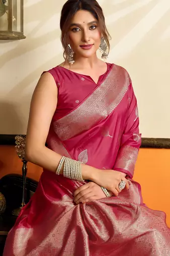 Rani pink premium soft silkblend saree with tassels & blouse piece