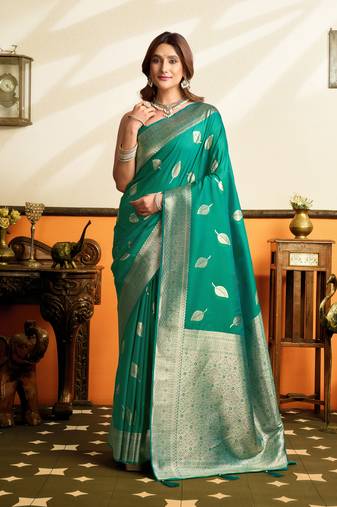 Green premium soft silkblend saree with tassels & blouse piece