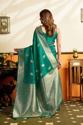 Green premium soft silkblend saree with tassels & blouse piece 2