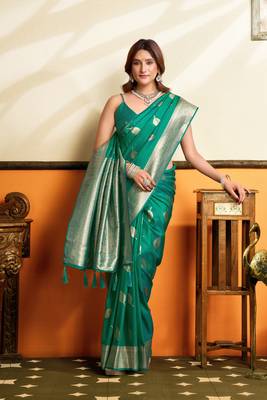 Green premium soft silkblend saree with tassels & blouse piece 3