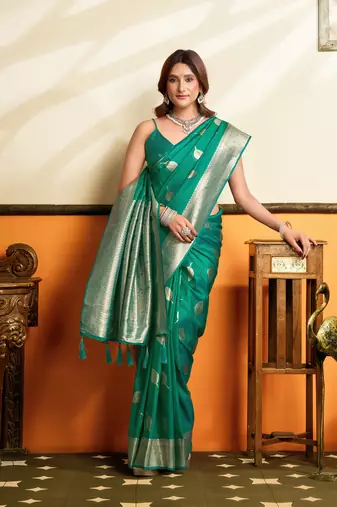 Green premium soft silkblend saree with tassels & blouse piece