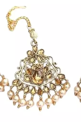  Intricately carved gold stone studded  rose gold pearls maang tikka with earrings for women