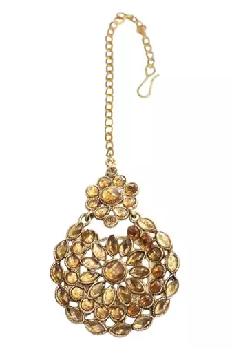 Golden round motif stone studded earrings with maang tikka set for women