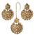 Golden round motif stone studded earrings with maang tikka set for women