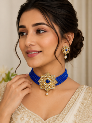 Blue kundan choker necklace set with earrings, gold-toned 1
