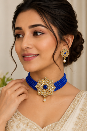 Blue kundan choker necklace set with earrings, gold-toned