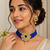 Blue kundan choker necklace set with earrings, gold-toned