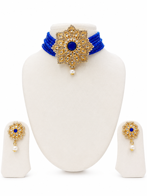 Blue kundan choker necklace set with earrings, gold-toned 2
