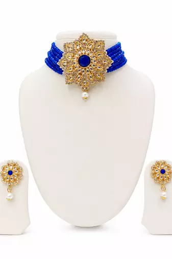Blue kundan choker necklace set with earrings, gold-toned