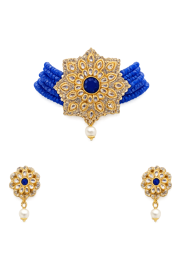 Blue kundan choker necklace set with earrings, gold-toned 3