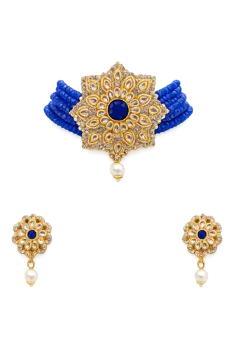 Blue kundan choker necklace set with earrings, gold-toned