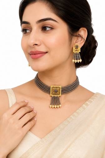 Grey crystal beaded choker necklace and earrings jewellery set