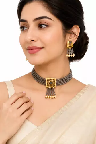 Grey crystal beaded choker necklace and earrings jewellery set