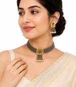 Grey crystal beaded choker necklace and earrings jewellery set