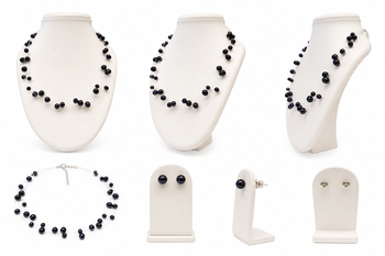 Black freshwater pearl floating necklace and stud earrings jewellery set, multi-strand, silver wire 4