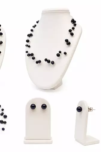 Black freshwater pearl floating necklace and stud earrings jewellery set, multi-strand, silver wire