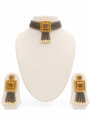 Grey crystal beaded choker necklace and earrings jewellery set 2