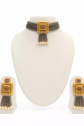 Grey crystal beaded choker necklace and earrings jewellery set