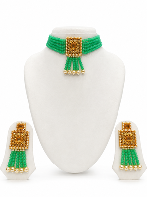 Green beaded choker necklace and earrings jewellery set 2