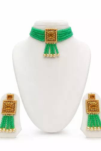 Green beaded choker necklace and earrings jewellery set