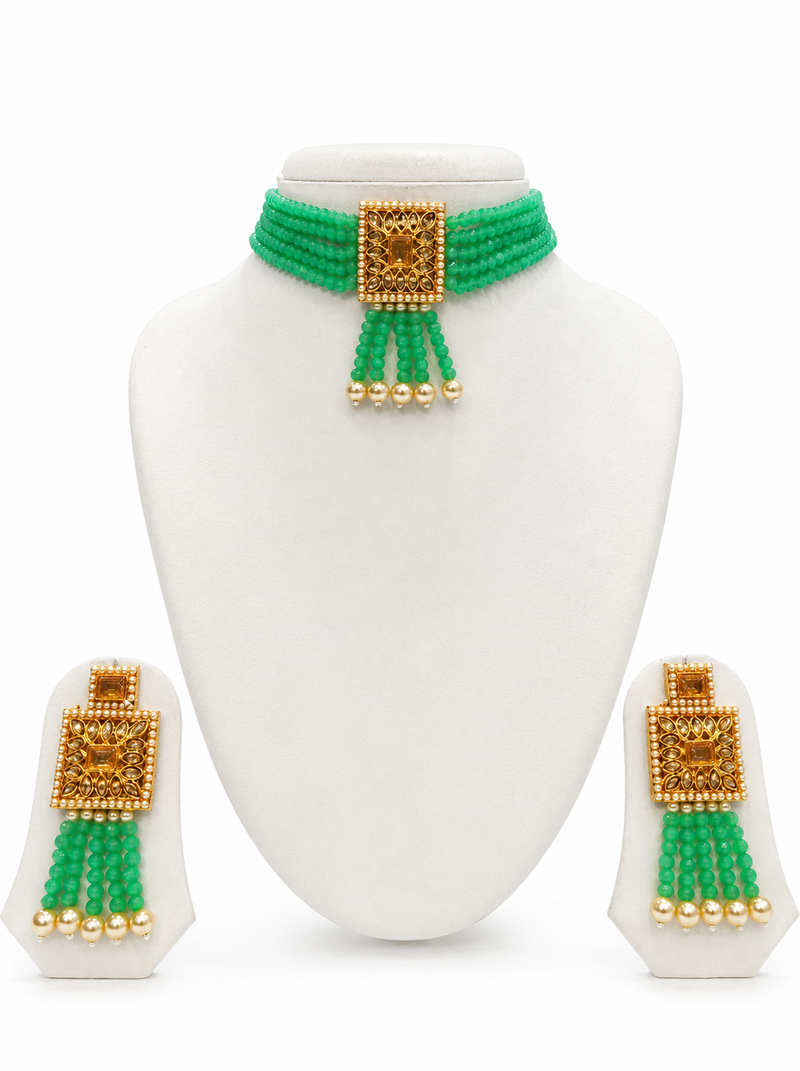Green beaded choker necklace and earrings jewellery set