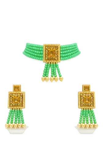 Green beaded choker necklace and earrings jewellery set