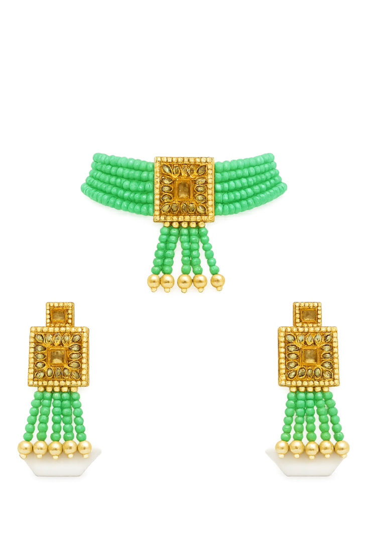 Green beaded choker necklace and earrings jewellery set