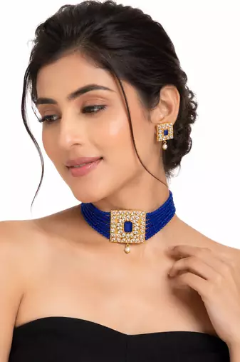 Blue beaded kundan choker necklace and earrings jewellery set