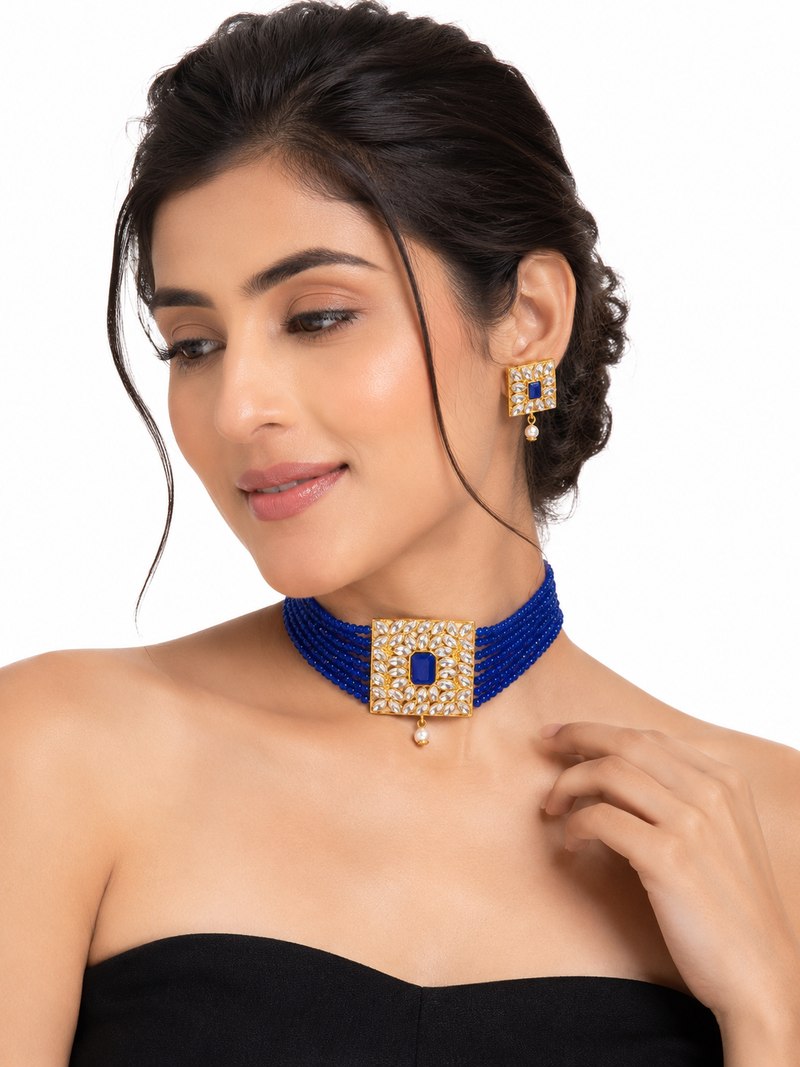 Blue beaded kundan choker necklace and earrings jewellery set