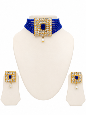 Blue beaded kundan choker necklace and earrings jewellery set 2