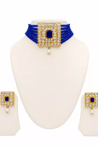 Blue beaded kundan choker necklace and earrings jewellery set