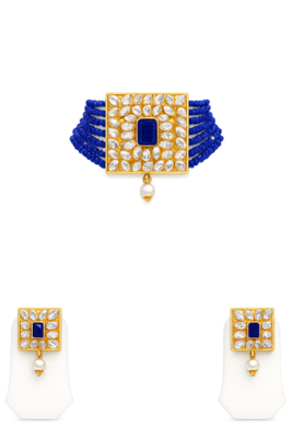 Blue beaded kundan choker necklace and earrings jewellery set 3