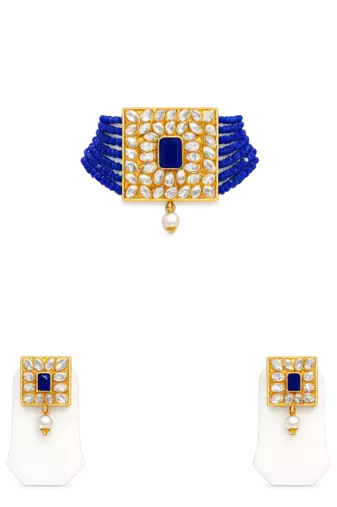 Blue beaded kundan choker necklace and earrings jewellery set