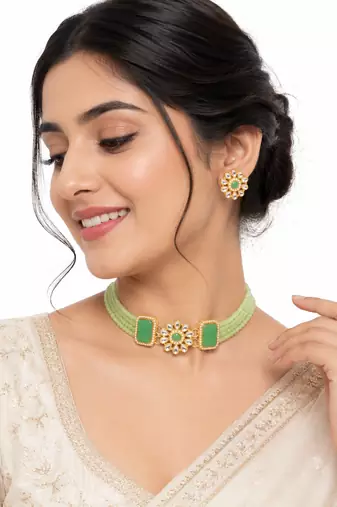 Green beaded kundan choker necklace set with stud earrings