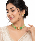 Green beaded kundan choker necklace set with stud earrings