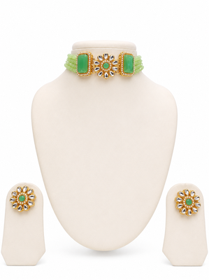 Green beaded kundan choker necklace set with stud earrings 2