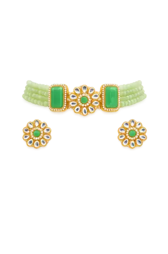Green beaded kundan choker necklace set with stud earrings