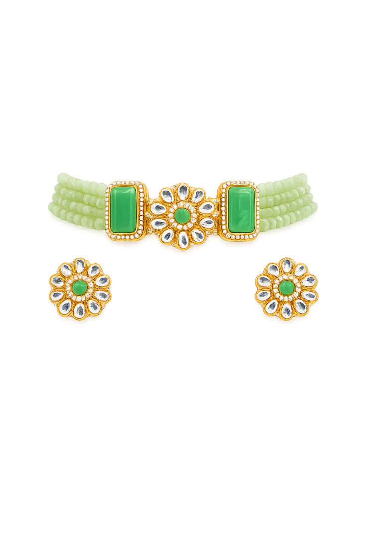 Green beaded kundan choker necklace set with stud earrings